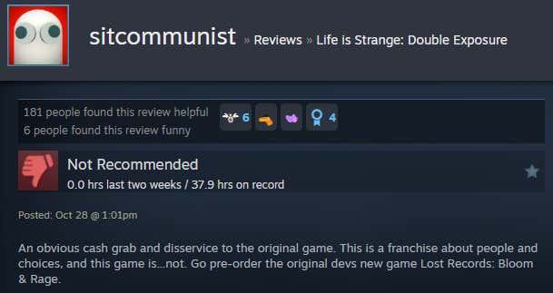 Screenshot showing a Steam review for Life is Strange: Double Exposure.